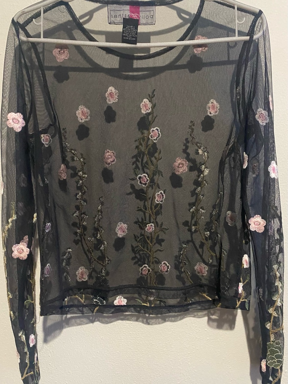 Polly & Esther Black Sheer Floral Embroidered Long-Sleeve Top - Pink Flowers - Picture 3 of 3